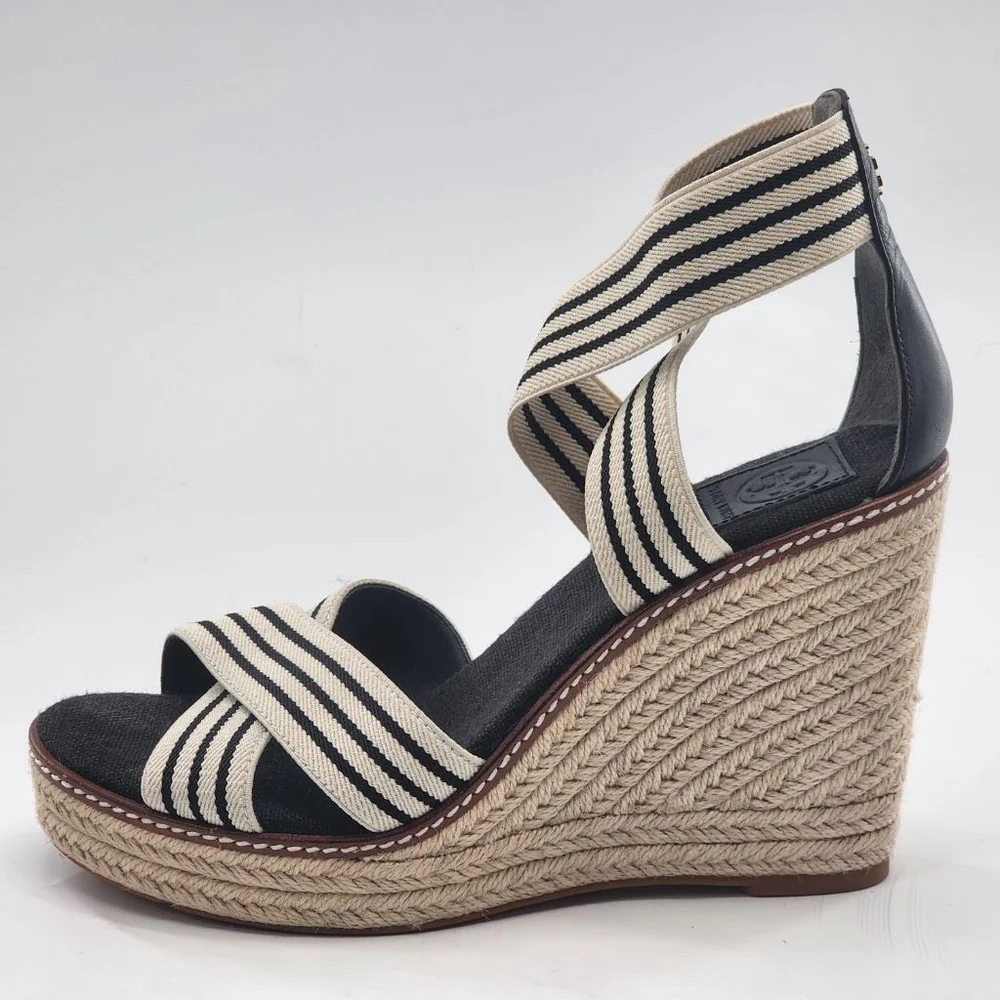 TORY‎ BURCH Frieda Navy Cream Elastic Strap Striped Espadrille Wedge Sandals 9.5